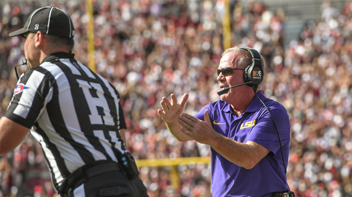 Louisiana State University Head Coach Brian Kelly calls a timeout playing South Carolina during the fourth quarter at Williams-Brice Stadium