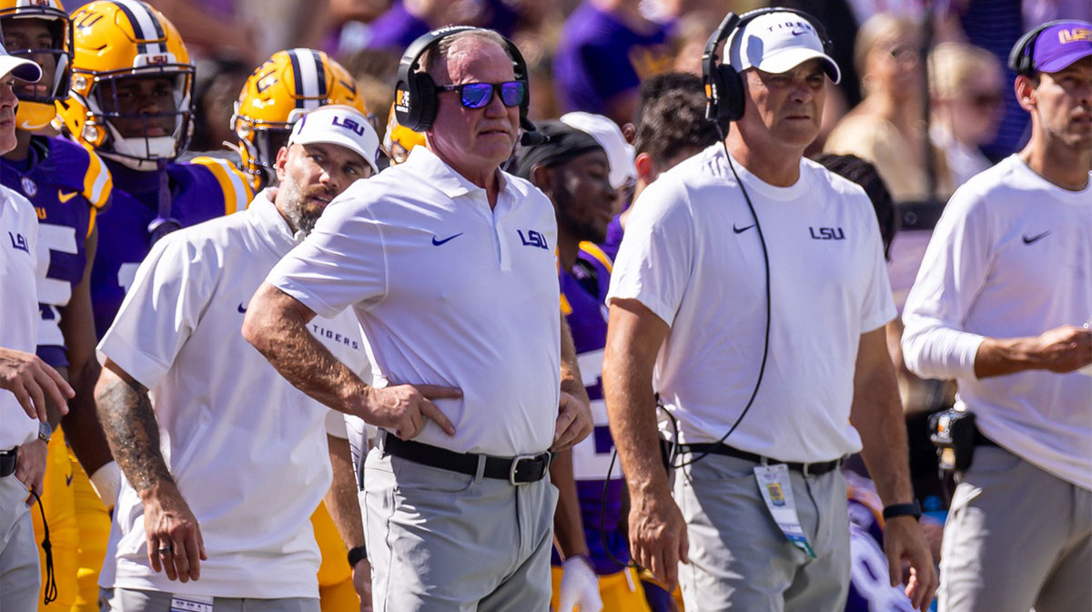 LSU Tigers head coach Brian Kelly looks on during the first half against the UCLA Bruins at Tiger Stadium.