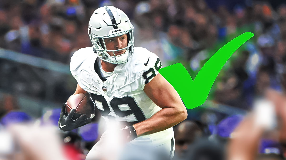 Brock Bowers in a Raiders jersey with a green check mark next to him.