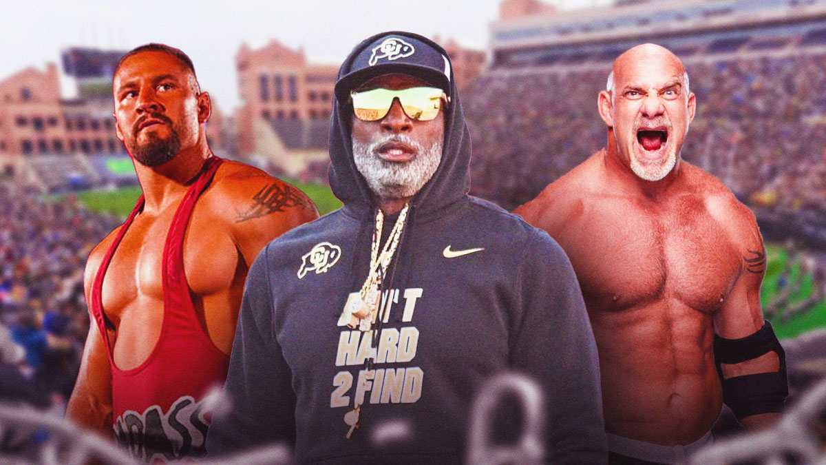 Coach Deion Sanders in the middle with Bron Breakker on the left and Bill Goldberg on the right in front of the Colorado Buffals stadium.