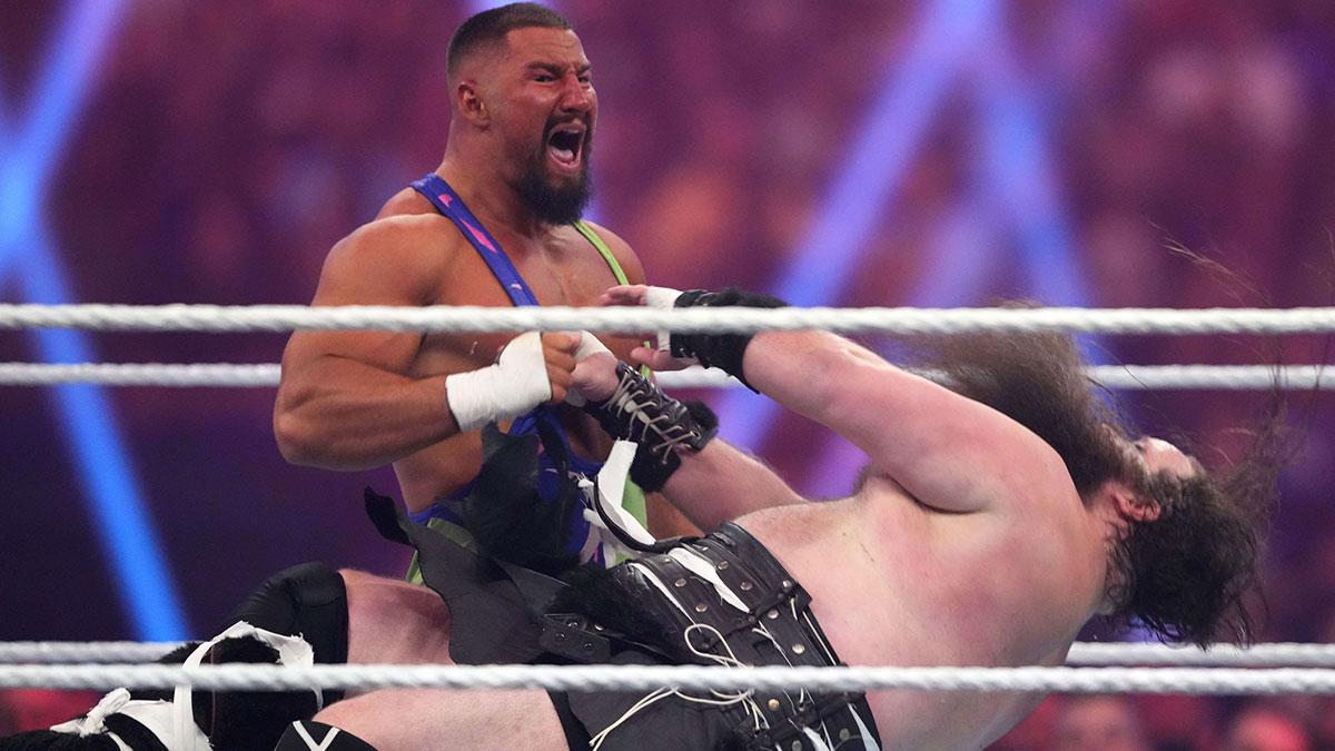 Bron Breakker attacks Ivar during the Men s Royal Rumble match at Tropicana Field.
