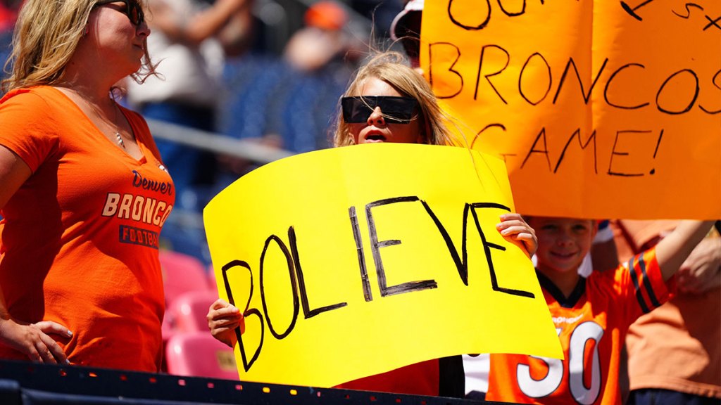 Denver Broncos fan holds a sign in reference to quarterback Bo Nix (10) (not pictured) before the game against the Denver Broncos at Empower Field at Mile High.