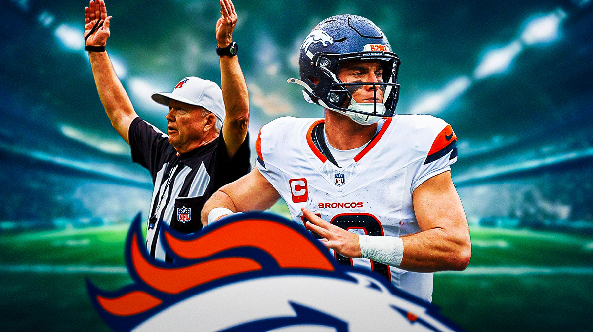 Bo Nix on Broncos next to referee making touchdown signal