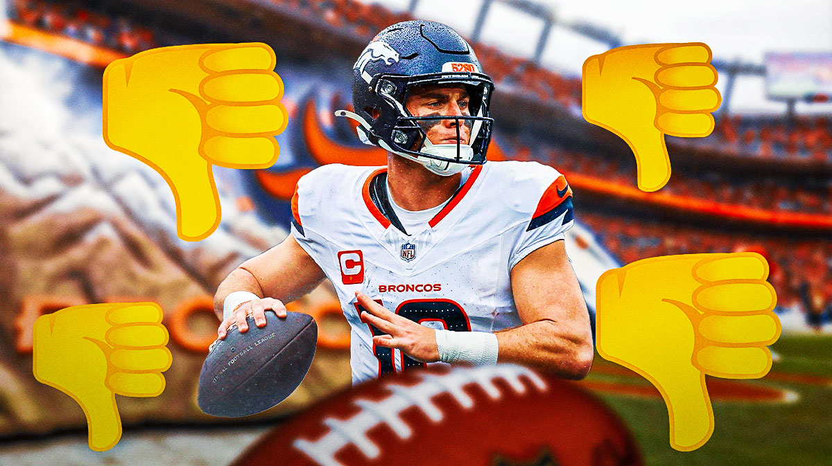 Bo Nix with a bunch of thumbs down surrounding him featuring a Broncos/Jets BG.
