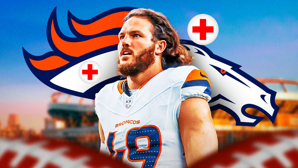 Denver Broncos linebacker Alex Singleton with an injury symbol. There is also a logo for the Denver Broncos.