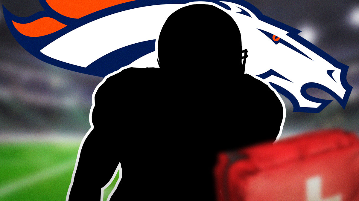 Dark silhouette of football player with Broncos logo, Red Cross symbol on either side of him