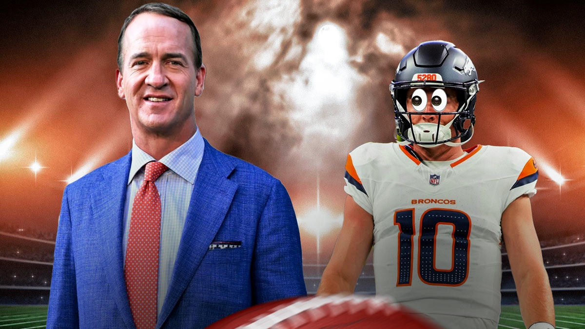 Peyton Manning looks at Bo Nix (Bo in Broncos jersey} with bulging eyes