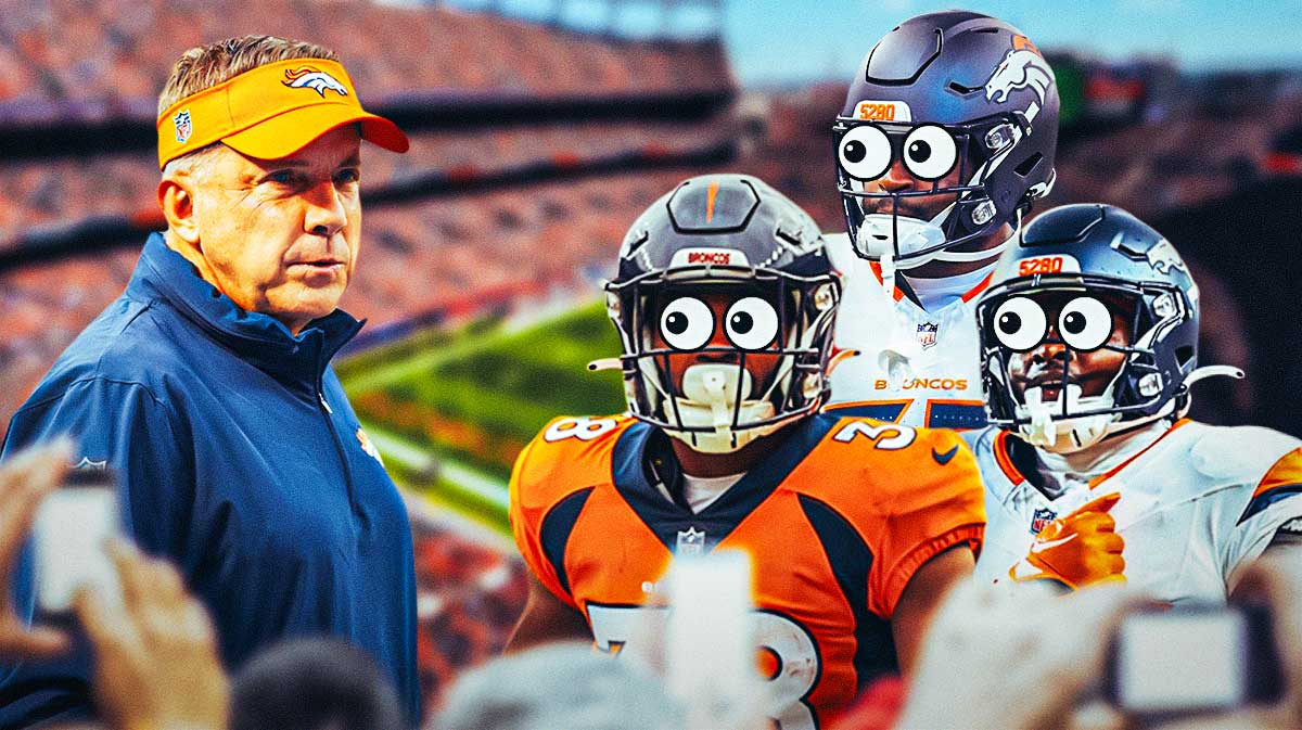 Sean Payton on one side, Javonte Williams, Jaleel McLaughlin, and Audric Estime on the other side with the big eyes emoji over their faces