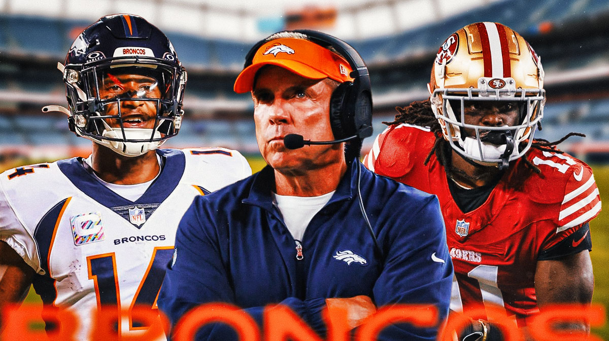Sean Payton in Broncos coaching gear, Courtland Sutton in a Broncos jersey, and Brandon Aiyuk in a 49ers jersey.