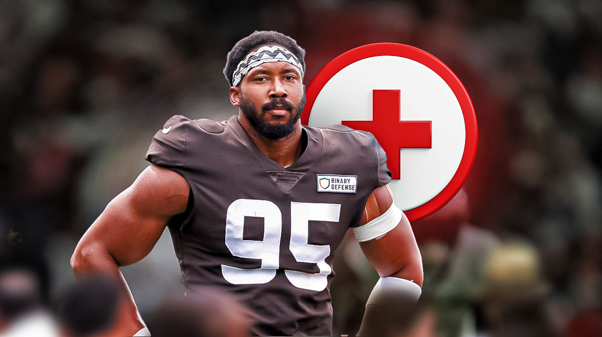 Browns' Myles Garrett in front of the healthcare logo