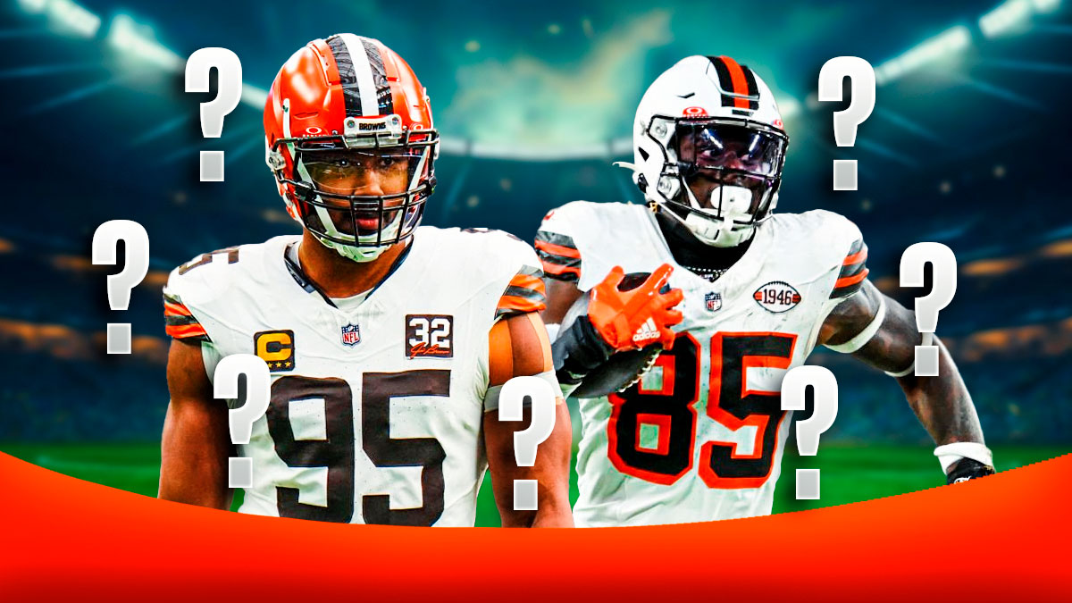 Myles Garrett and David Njoku surrounded by question marks with a Browns-themed BG.