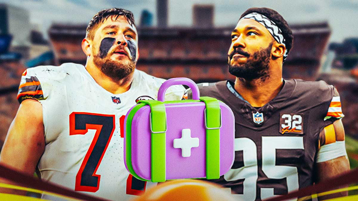 Cleveland Browns defensive end Myles Garrett and offensive guard Wyatt Teller with first-aid kits around him. Also, Browns head coach Kevin Stefanski looking upset.