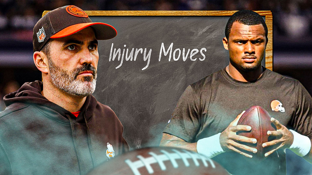 Browns Kevin Stefanski on left of a chalk board. Browns Deshaun Watson on right. Write the following on the chalk board: INJURY MOVES