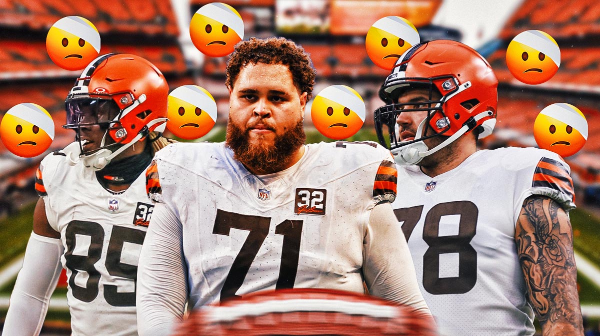 David Njoku, Jedrick Wills, and Jack Conklin surrounded by injury emojis