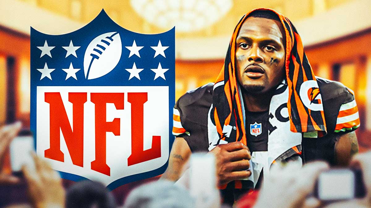 Browns quarterback Deshaun Watson next to a courthouse with the NFL logo next to it