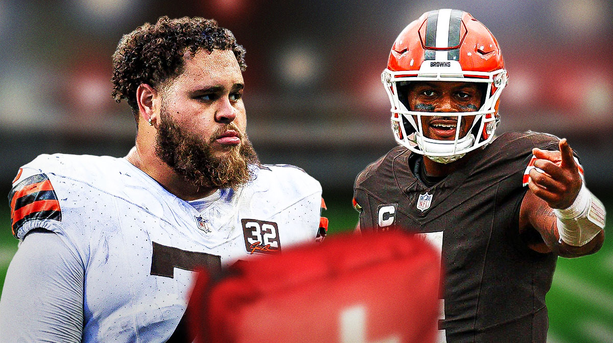 Jedrick Wills Jr. on one side with an injury kit in front of him, Deshaun Watson on the other side with hearts in his eyes