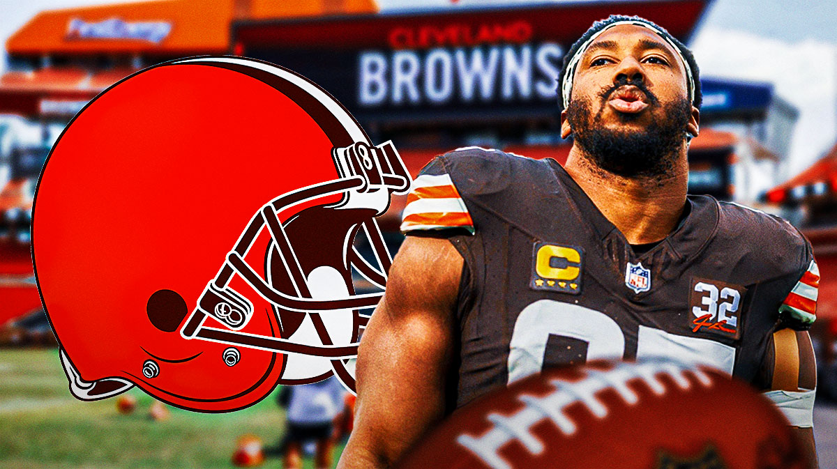 Myles Garrett looking upset next to a Browns logo