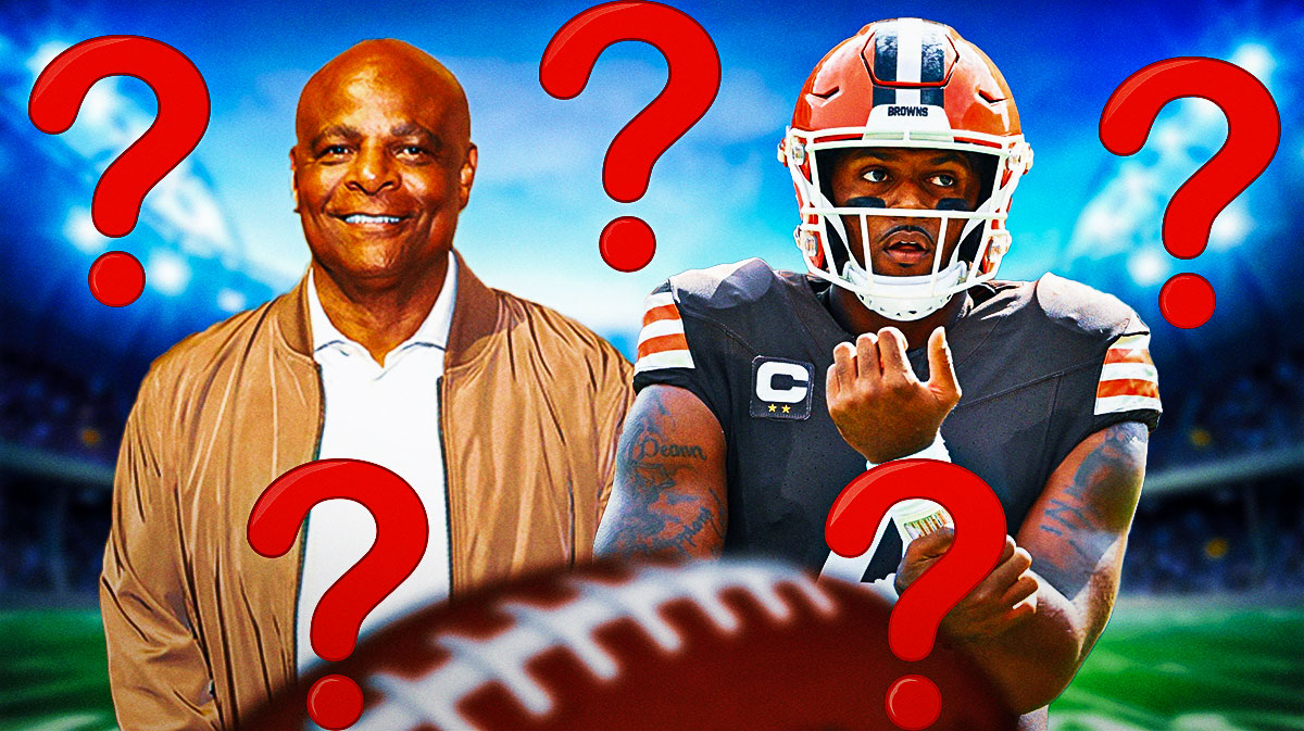 Warren Moon next to Deshaun Watson in a Browns uniform and question marks surrounding