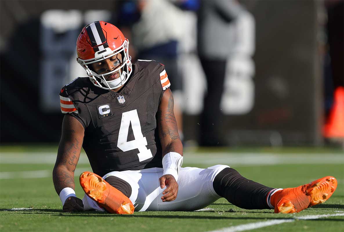 Browns quarterback Deshaun Watson reacts after failing to convert on a first-half third down against the Cowboys, Sunday, Sept. 8, 2024, in Cleveland.