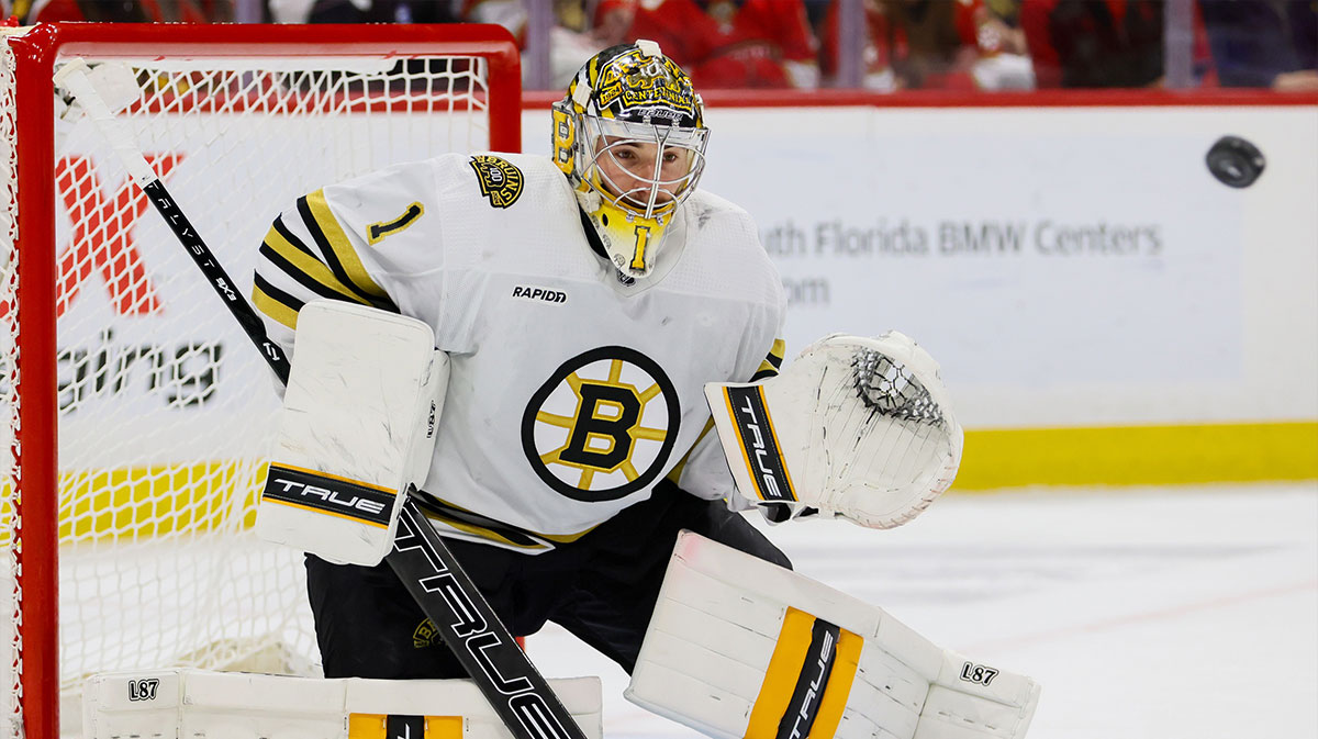 Boston Bruins goaltender Jeremy Swayman (1) defends his net against the Florida Panthers during the second period in game five of the second round of the 2024 Stanley Cup Playoffs at Amerant Bank Arena.