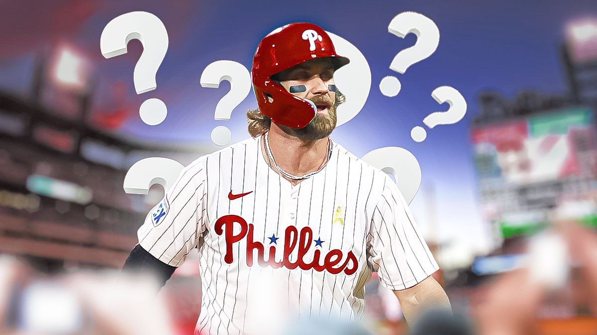 Phillies Bryce Harper looking serious. Place question marks everywhere. Citizens Bank Park background.