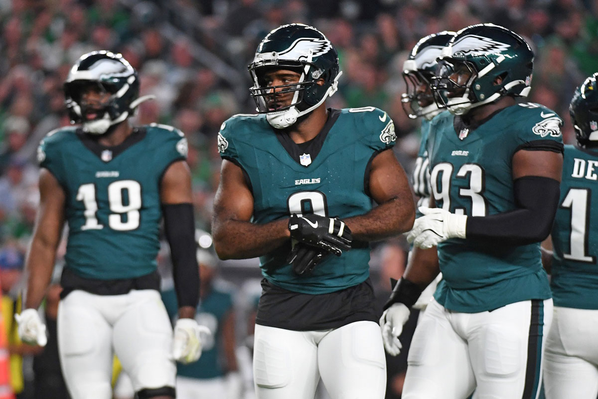 Sep 16, 2024; Philadelphia, Pennsylvania, USA; Philadelphia Eagles defensive end Bryce Huff (0) against the Atlanta Falcons at Lincoln Financial Field.