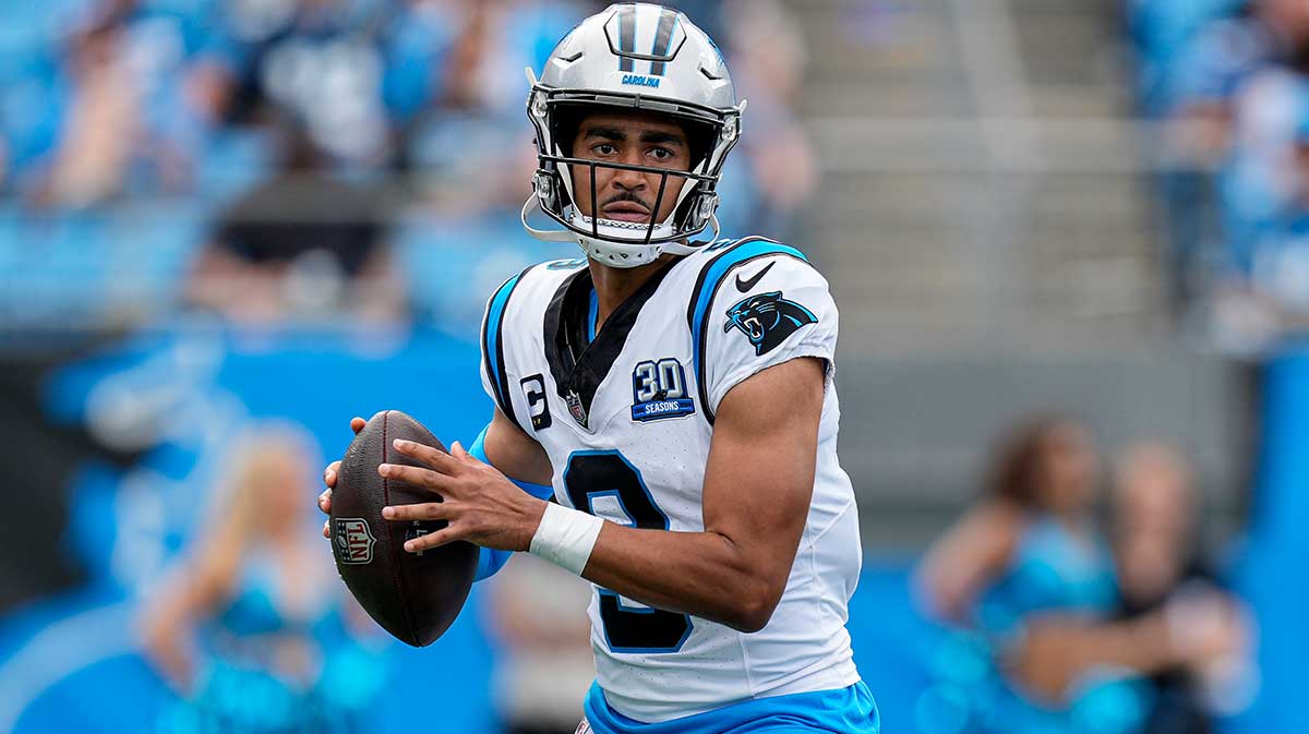 Carolina Panthers quarterback Bryce Young (9) throws against the Los Angeles Chargers during the second half at Bank of America Stadium.