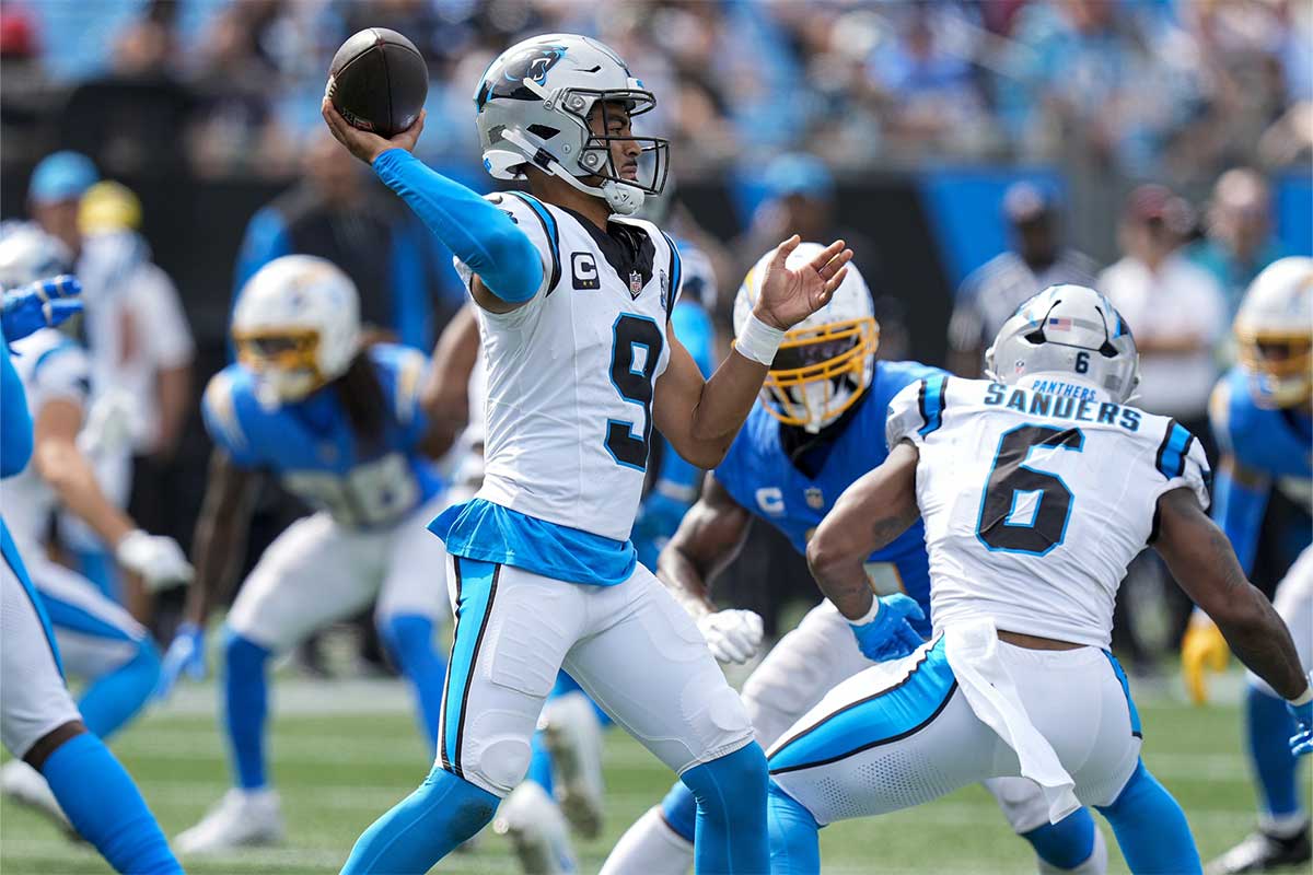 Carolina Panthers quarterback Bryce Young (9) throws the ball against the Los Angeles Chargers during the second half at Bank of America Stadium. 