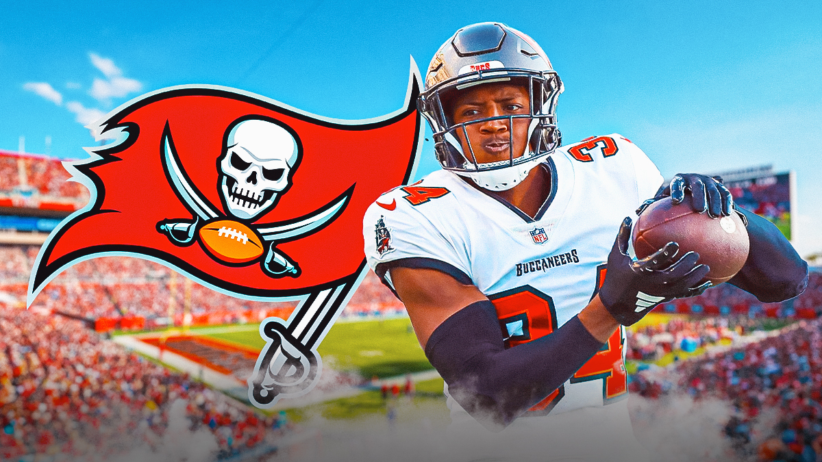 Tampa Bay Buccaneers logo on left side, Tampa Bay Buccaneers cornerback Bryce Hall on right side, Raymond James Stadium (home stadium of the Tampa Bay Buccaneers) in background