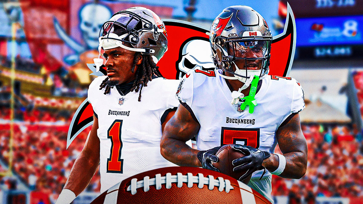Tampa Bay Buccaneers RBs Rachaad White and Bucky Irving. There is also a logo for the Tampa Bay Buccaneers.