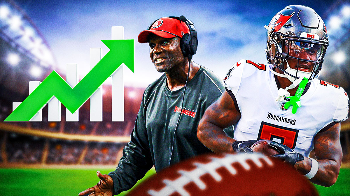 Buccaneers Todd Bowles and Bucky Irving next to a green stock line going up