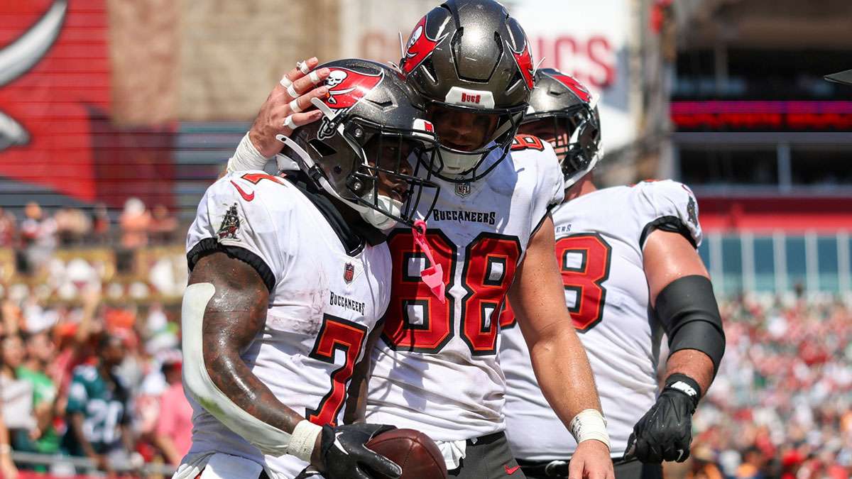 Tampa Bay Buccaneers running back Bucky Irving (7) celebrates after scoring a touchdown against the Philadelphia Eagles in the third quarter at Raymond James Stadium.