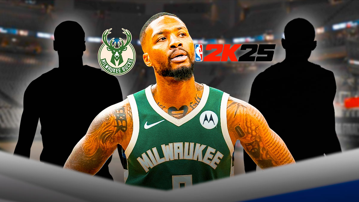 Damian Lillard and two silhouettes. Bucks logo and NBA 2k25 logo.