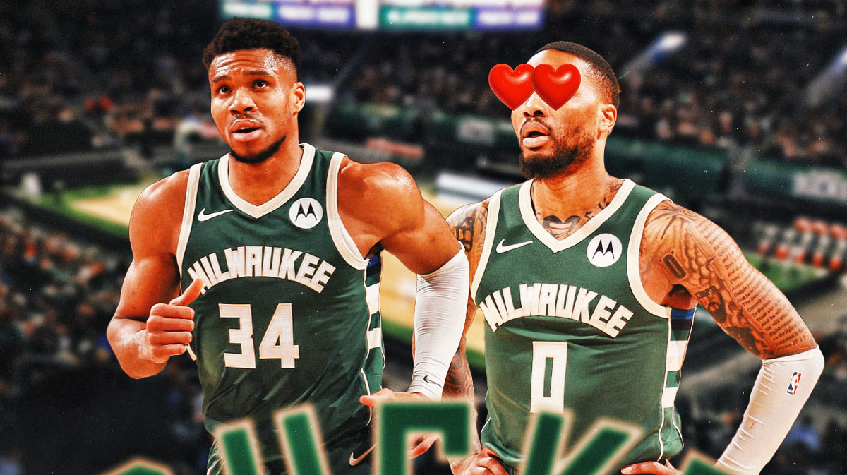 Damian Lillard with heart eyes looking at Giannis Antetokounmpo.