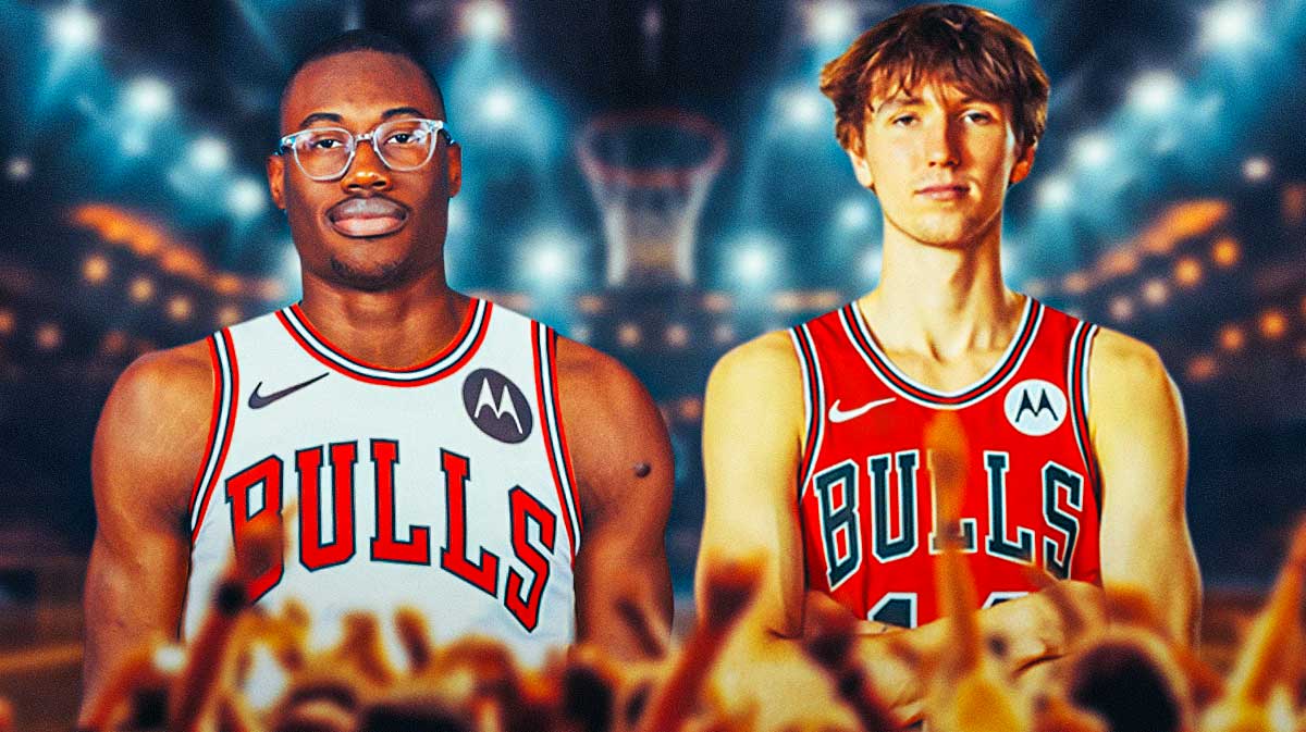 Bulls, NBA 2K, Matas Buzelis, Jalen Smith, Bulls 2K, Jalen Smith and Matas Buzelis in Bulls unis with Bulls arena in the background