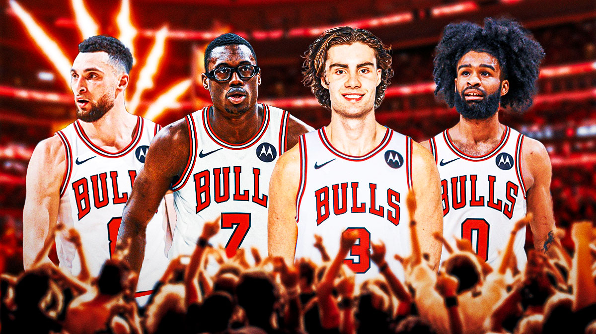 Bulls, Bulls offseason, Bulls media day, Arturas Karnisovas, Arturas Karnisovas Bulls, Josh Giddey, Coby White, Zach LaVine and Jalen Smith all in Bulls unis with Bulls arena in the background