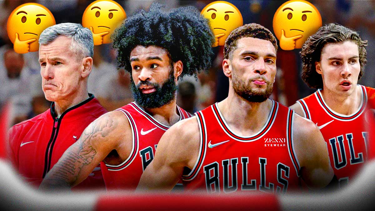 Bulls' Billy Donovan, Coby White, Zach LaVine, and Josh Giddey all looking worried, with the thinking emojis all over them