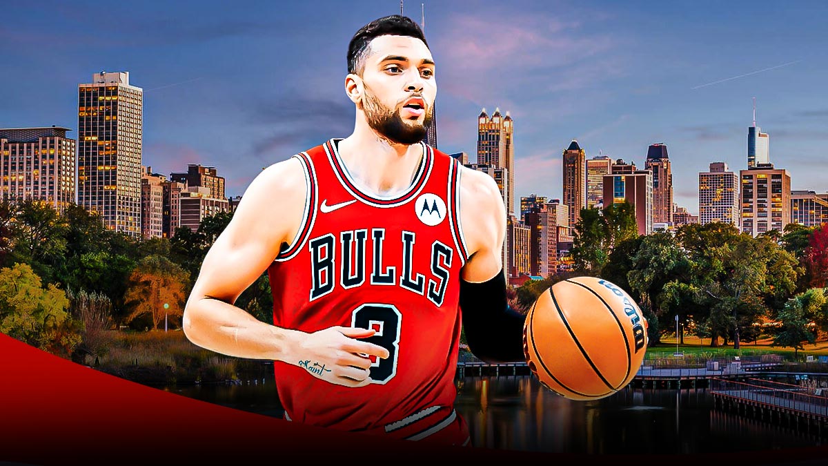 Zach LaVine, Bulls, Bulls media day, Zach LaVine Bulls, Zach LaVine injury, Zach LaVine in Bulls uni with Chicago skyline in background