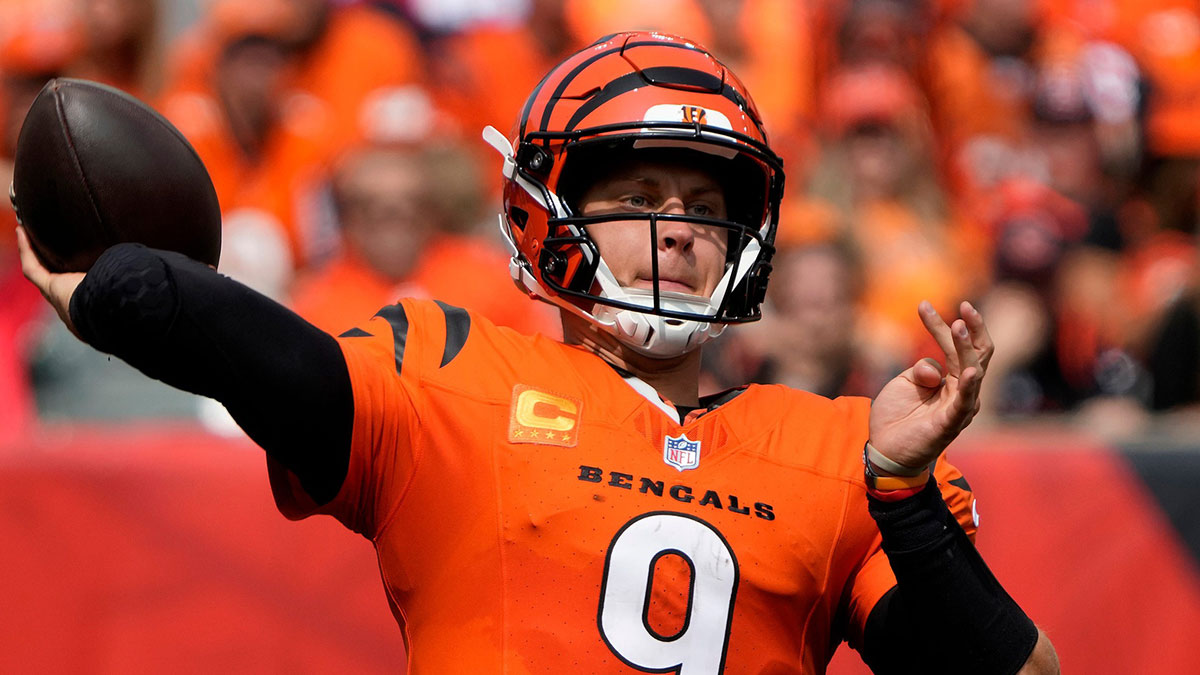 Cincinnati Bengals quarterback Joe Burrow (9) makes a throw the 3rd quarter of the Bengals home opener against the New England Patriots at Paycor Stadium Sunday, September 8, 2024. The Bengals lost 10-16.