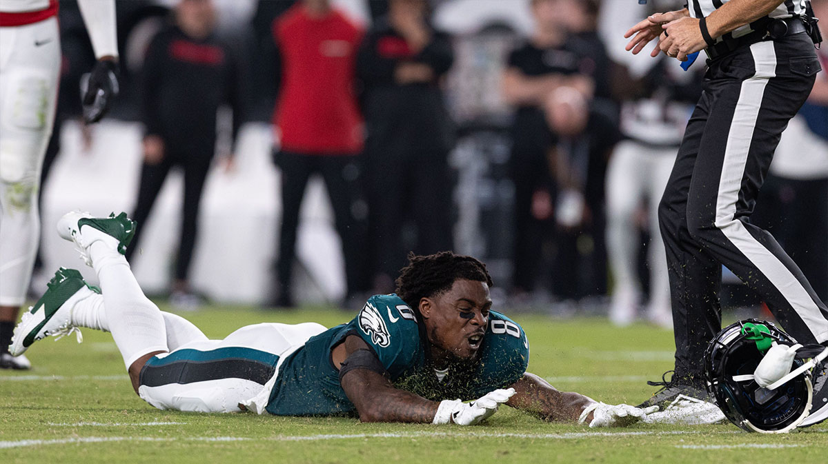 Philadelphia Eagles safety C.J. Gardner-Johnson (8) reacts after a fourth down stop against the Atlanta Falcons during the fourth quarter at Lincoln Financial Field.