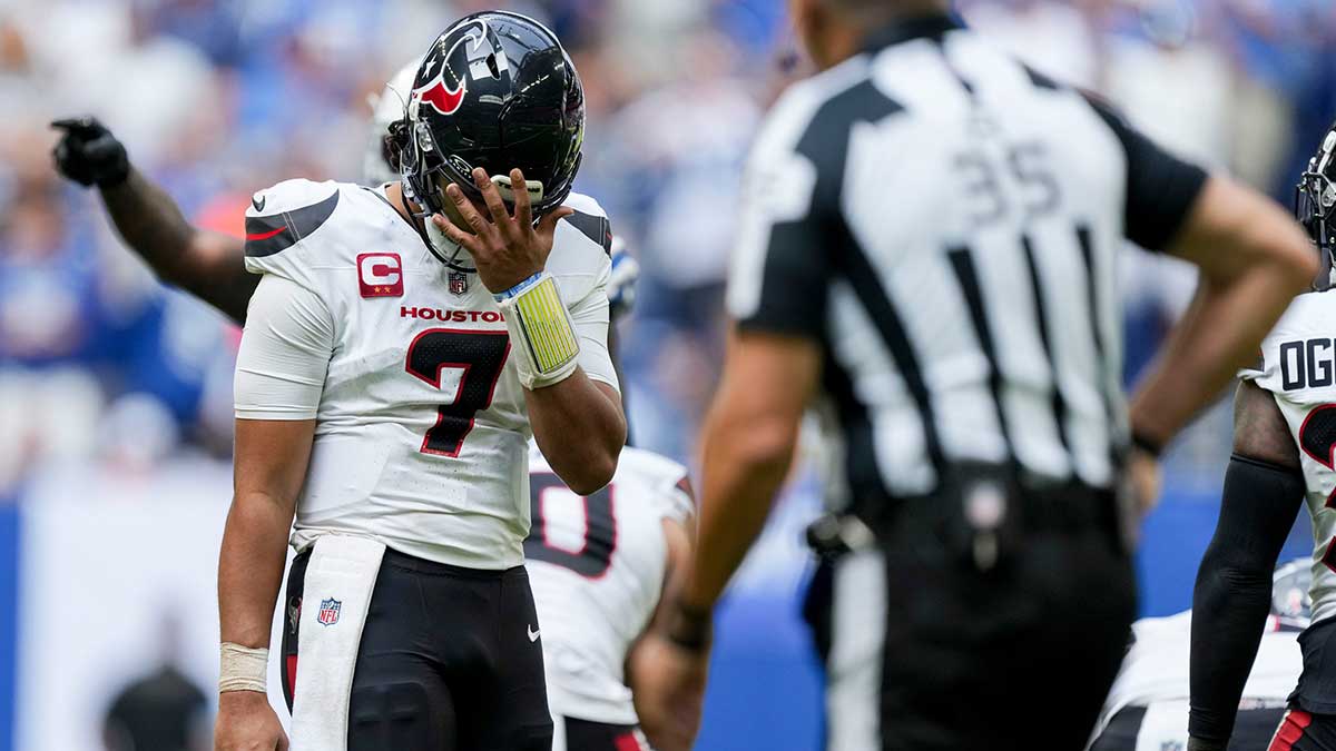 Houston Texans quarterback C.J. Stroud (7) reacts after a false start call Sunday, Sept. 8, 2024, during a game against the Indianapolis Colts at Lucas Oil Stadium in Indianapolis.