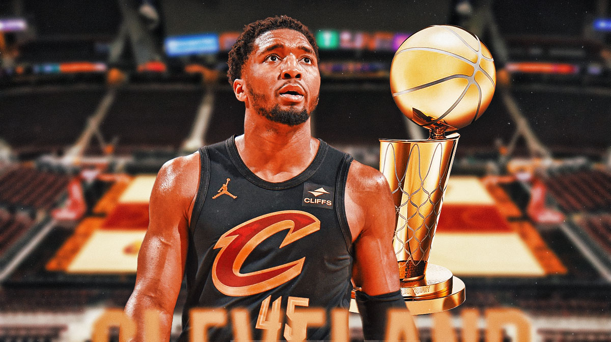 Donovan Mitchell next to a Larry O'Brien trophy surrounded by question marks featuring a Cavs-themed BG.
