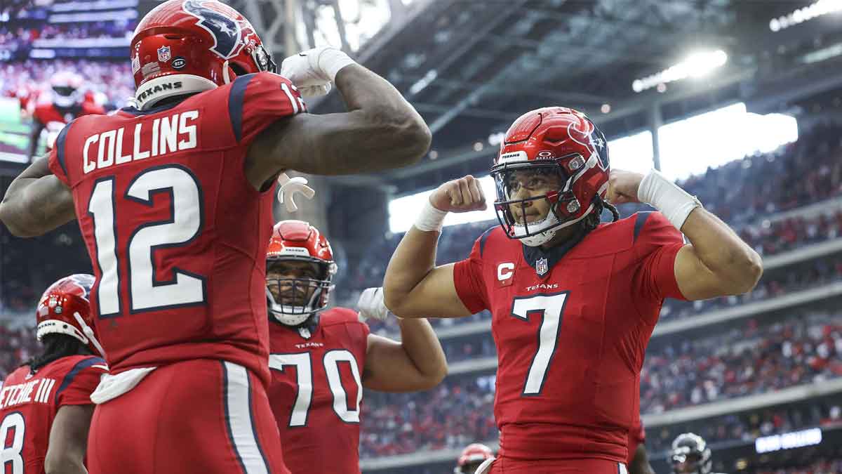 Houston Texans quarterback C.J. Stroud (7) celebrates with wide receiver Nico Collins (12) after a touchdown during the fourth quarter against the Jacksonville Jaguars at NRG Stadium.