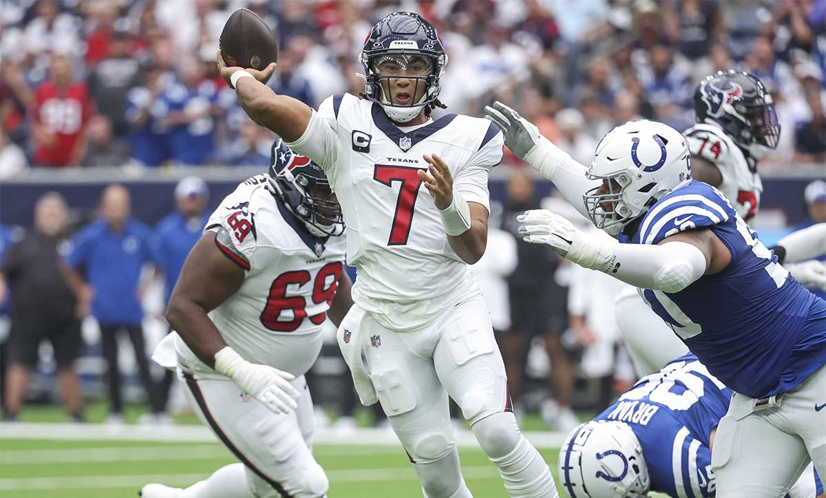 Houston Texans quarterback C.J. Stroud (7) attempts a pass during the first quarter against the Indianapolis Colts at NRG Stadium.