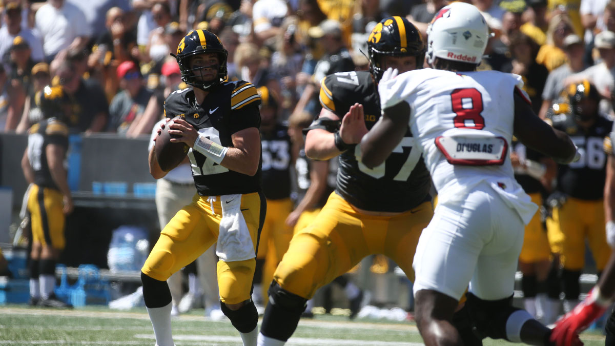 Iowa’s Cade McNamara (12) looks to throw against Illinois State