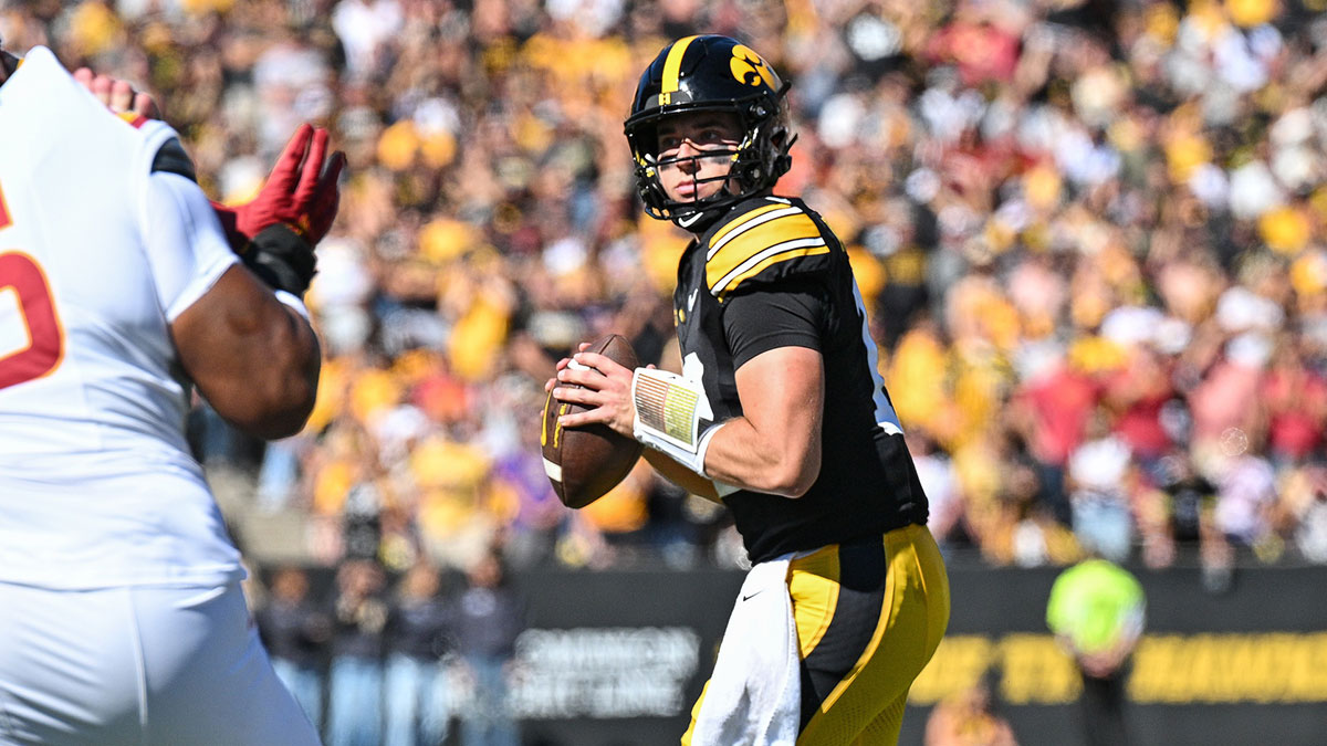 Iowa Hawkeyes quarterback Cade McNamara (12) looks to pass against the Iowa State Cyclones during the second quarter at Kinnick Stadium.