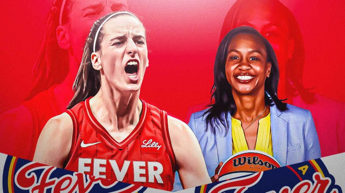 Caitlin Clark in a Fever jersey and Tamika Catchings.