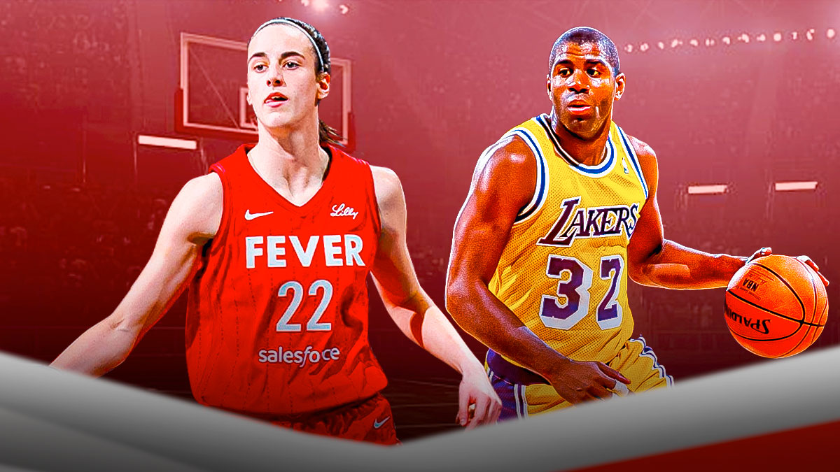Caitlin Clark in Fever uniform and Magic Johnson in Lakers uniform