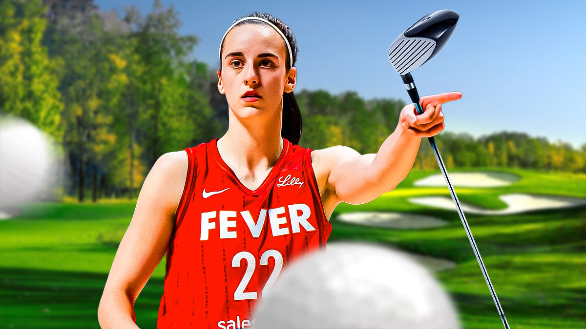 Fever's Cailtin Clark holding a golf club after WNBA Playoffs loss to Sun