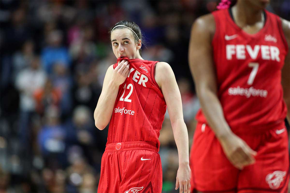 Indiana Fever guard Caitlin Clark (22) reacts during the second half against the Connecticut Sun during game two of the first round of the 2024 WNBA Playoffs at Mohegan Sun Arena.